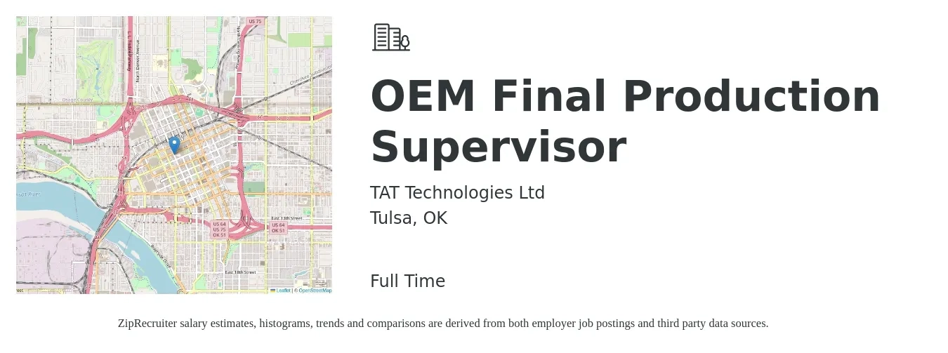 TAT Technologies Ltd job posting for a OEM Final Production Supervisor in Tulsa, OK with a salary of $50,000 to $71,900 Yearly with a map of Tulsa location.