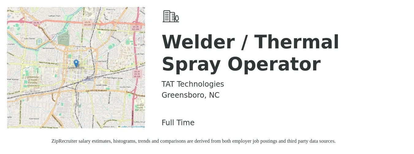 TAT Technologies Ltd job posting for a Welder / Thermal Spray Operator in Greensboro, NC with a salary of $17 to $25 Hourly with a map of Greensboro location.