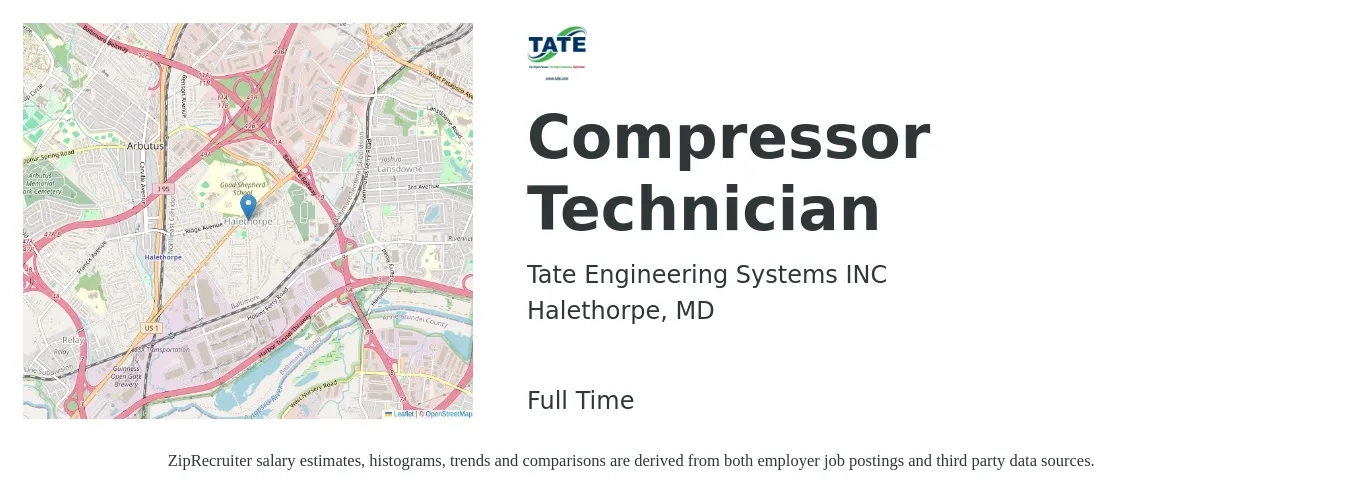 Tate Engineering Systems INC job posting for a Compressor Technician in Halethorpe, MD with a salary of $22 to $39 Hourly with a map of Halethorpe location.