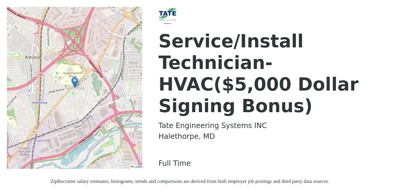 Tate Engineering Systems INC job posting for a Service/Install Technician-HVAC($5,000 Dollar Signing Bonus) in Halethorpe, MD with a salary of $24 to $34 Hourly with a map of Halethorpe location.