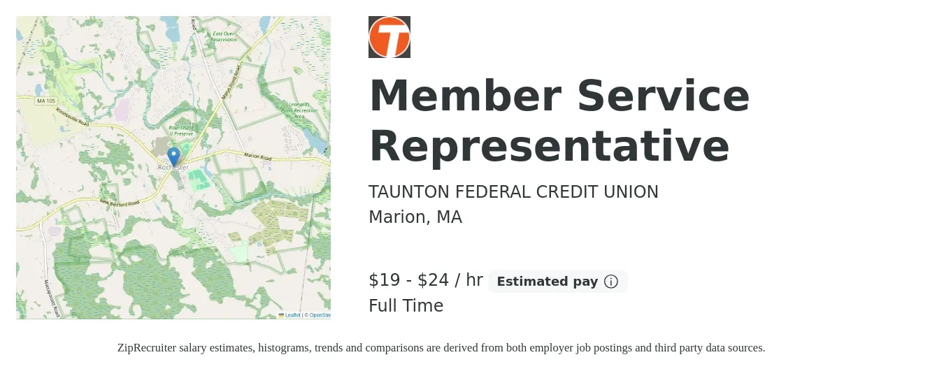 TAUNTON FEDERAL CREDIT UNION job posting for a Member Service Representative in Marion, MA with a salary of $20 to $25 Hourly with a map of Marion location.