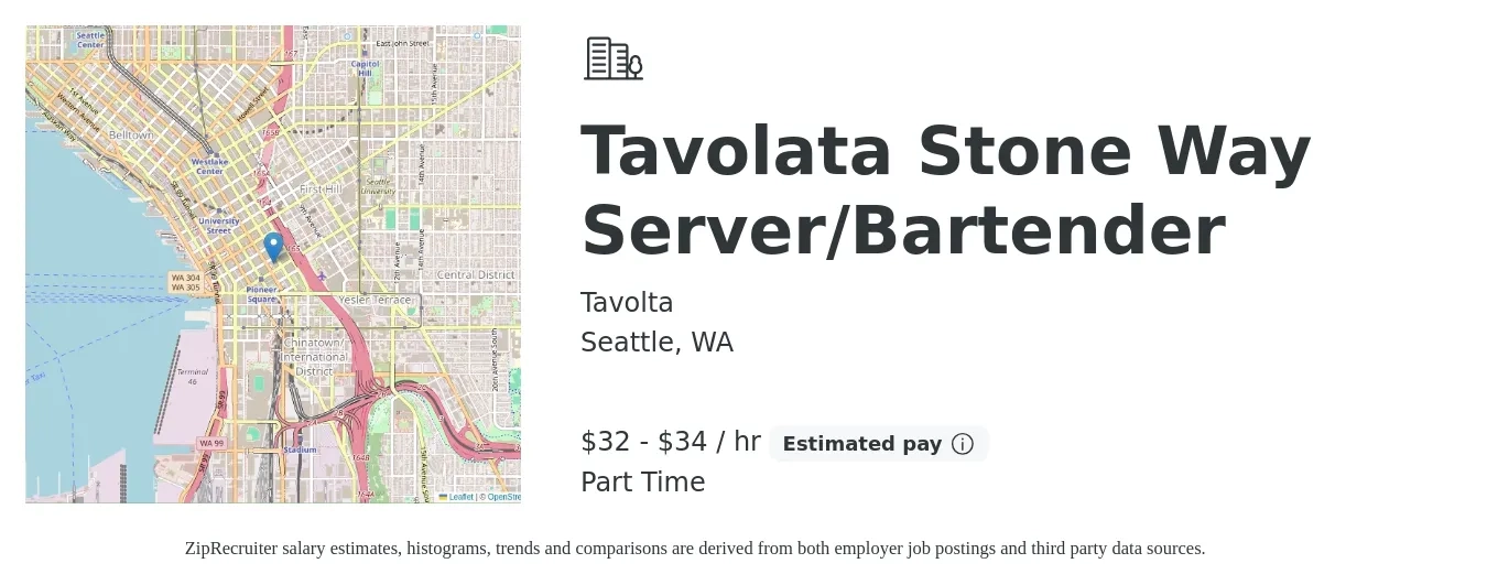 Tavolta job posting for a Tavolata Stone Way Server/Bartender in Seattle, WA with a salary of $34 to $36 Hourly with a map of Seattle location.