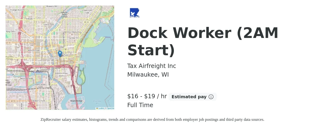 Tax Airfreight Inc job posting for a Dock Worker (2AM Start) in Milwaukee, WI with a salary of $17 to $20 Hourly with a map of Milwaukee location.