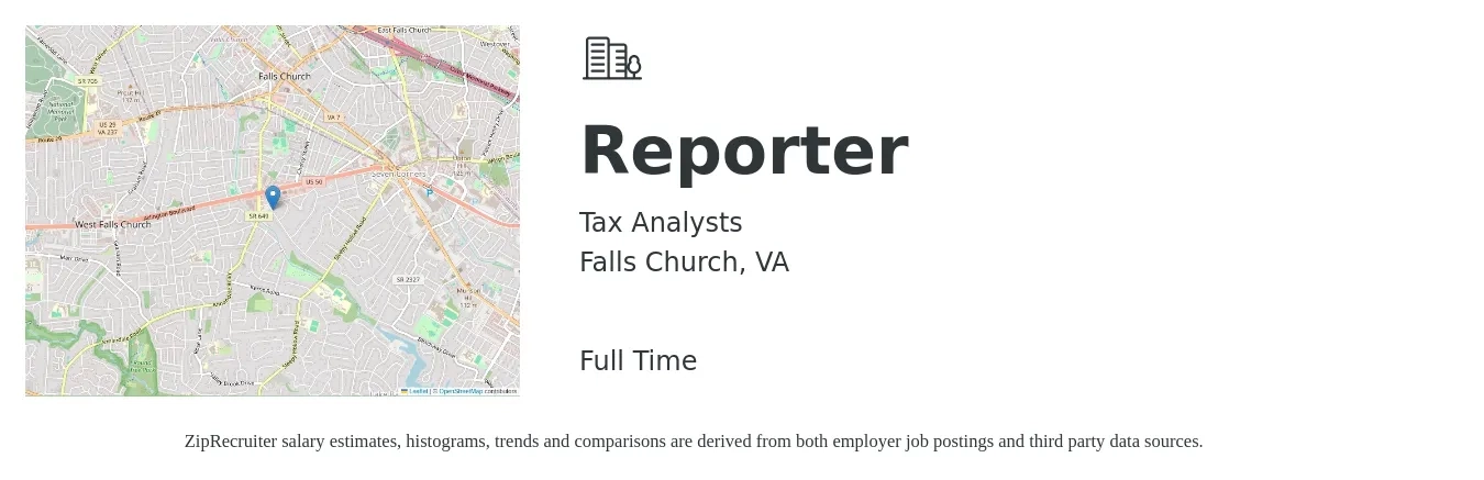 Tax Analysts job posting for a Reporter in Falls Church, VA with a salary of $26 to $36 Hourly with a map of Falls Church location.