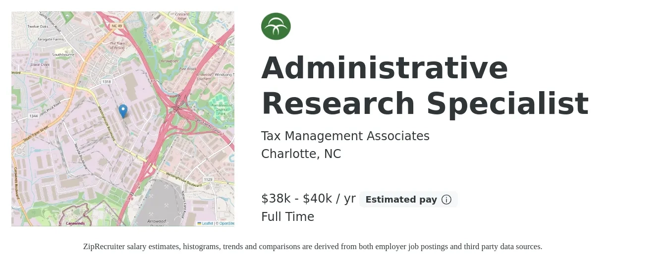 Tax Management Associates job posting for a Administrative Research Specialist in Charlotte, NC with a salary of $38,000 to $40,000 Yearly with a map of Charlotte location.