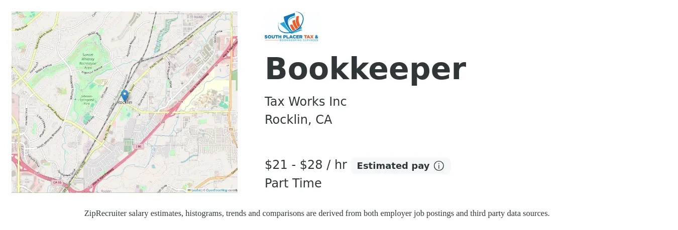 Tax Works Inc job posting for a Bookkeeper in Rocklin, CA with a salary of $20 to $25 Hourly (plus commission) and benefits including pto with a map of Rocklin location.