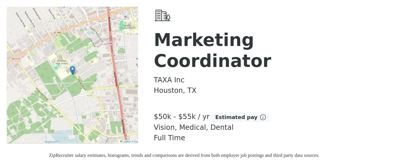 TAXA Inc job posting for a Marketing Coordinator in Houston, TX with a salary of $50,000 to $55,000 Yearly and benefits including vision, dental, and medical with a map of Houston location.