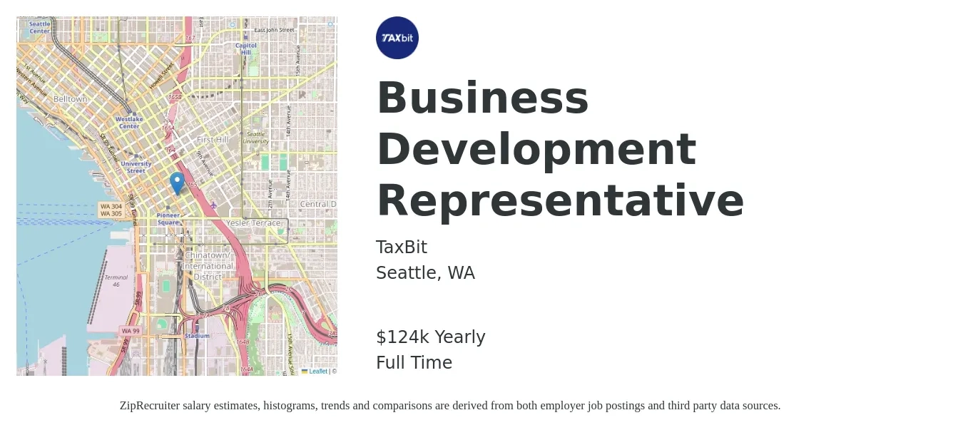 TaxBit job posting for a Business Development Representative in Seattle, WA with a salary of $124,000 Yearly with a map of Seattle location.