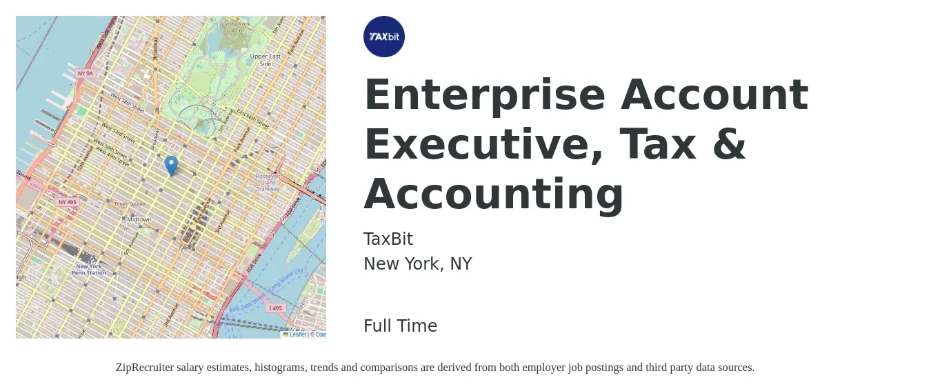 TaxBit job posting for a Enterprise Account Executive, Tax & Accounting in New York, NY with a salary of $59,100 to $103,900 Yearly with a map of New York location.