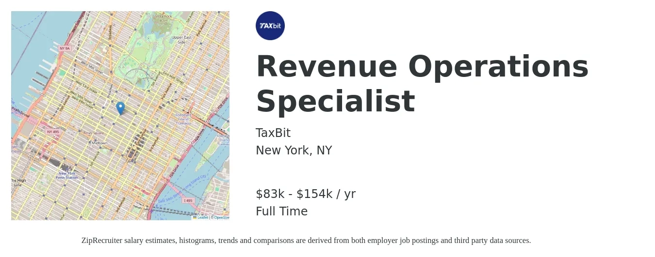 TaxBit job posting for a Revenue Operations Specialist in New York, NY with a salary of $83,000 to $154,000 Yearly with a map of New York location.