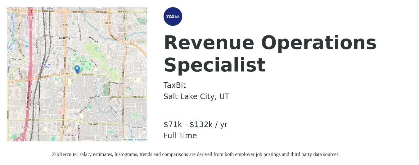 TaxBit job posting for a Revenue Operations Specialist in Salt Lake City, UT with a salary of $71,000 to $132,000 Yearly with a map of Salt Lake City location.