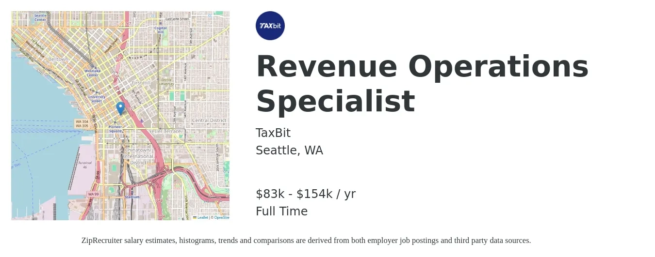 TaxBit job posting for a Revenue Operations Specialist in Seattle, WA with a salary of $83,000 to $154,000 Yearly with a map of Seattle location.