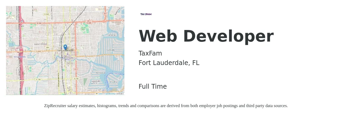 TaxFam job posting for a Web Developer in Fort Lauderdale, FL with a salary of $20 to $25 Hourly with a map of Fort Lauderdale location.
