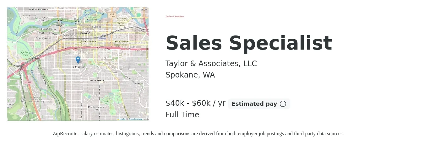 Taylor & Associates, LLC job posting for a Sales Specialist in Spokane, WA with a salary of $40,000 to $60,000 Yearly with a map of Spokane location.