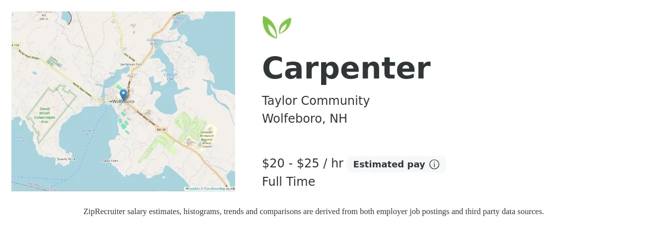 Taylor Community job posting for a Carpenter in Wolfeboro, NH with a salary of $21 to $26 Hourly with a map of Wolfeboro location.