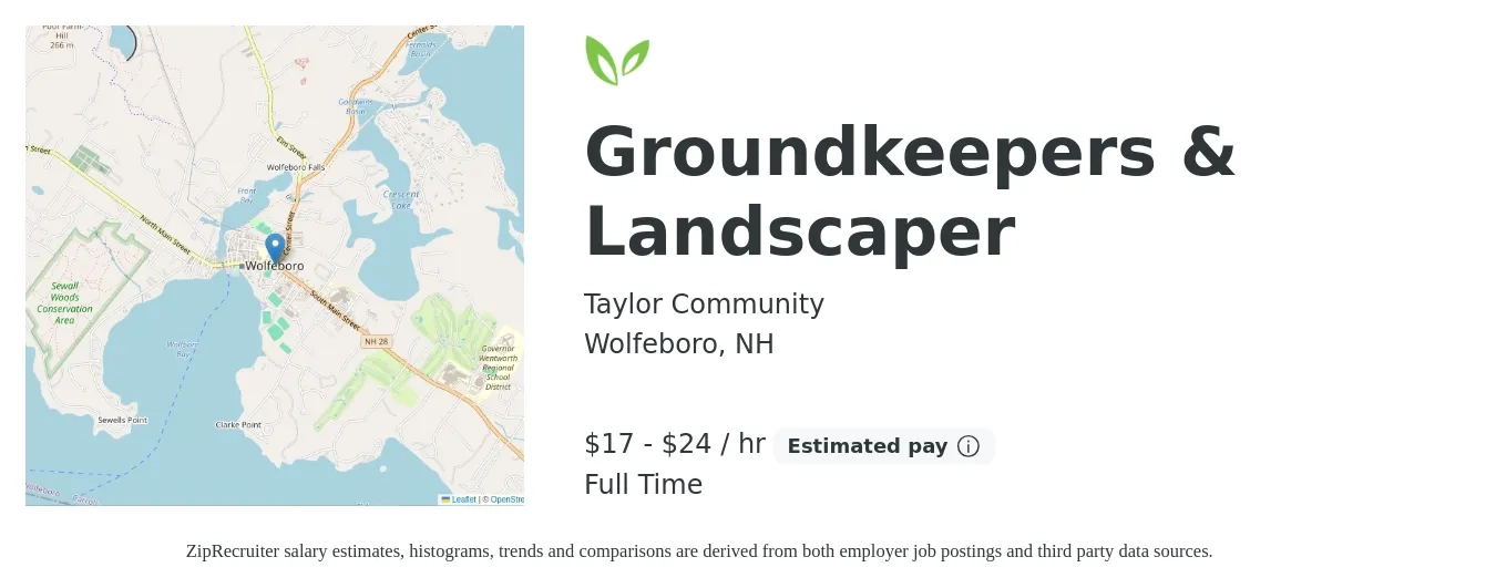 Taylor Community job posting for a Groundkeepers/Landscaper in Wolfeboro, NH with a salary of $18 to $25 Hourly with a map of Wolfeboro location.