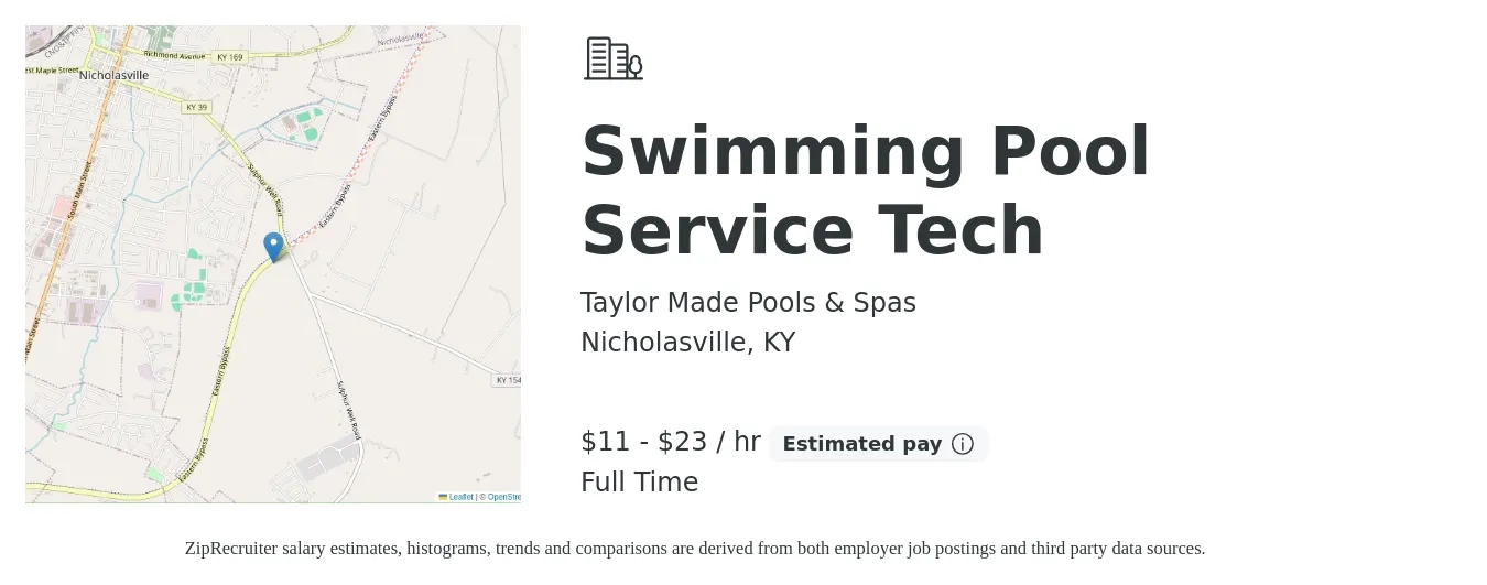 Taylor Made Pools & Spas job posting for a Swimming Pool Service Tech in Nicholasville, KY with a salary of $12 to $24 Hourly with a map of Nicholasville location.