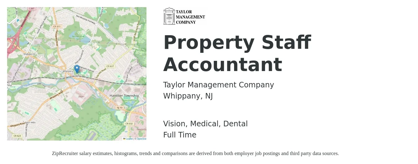 Taylor Management Company job posting for a Property Staff Accountant in Whippany, NJ with a salary of $58,700 to $71,800 Yearly and benefits including medical, retirement, vision, dental, and life_insurance with a map of Whippany location.
