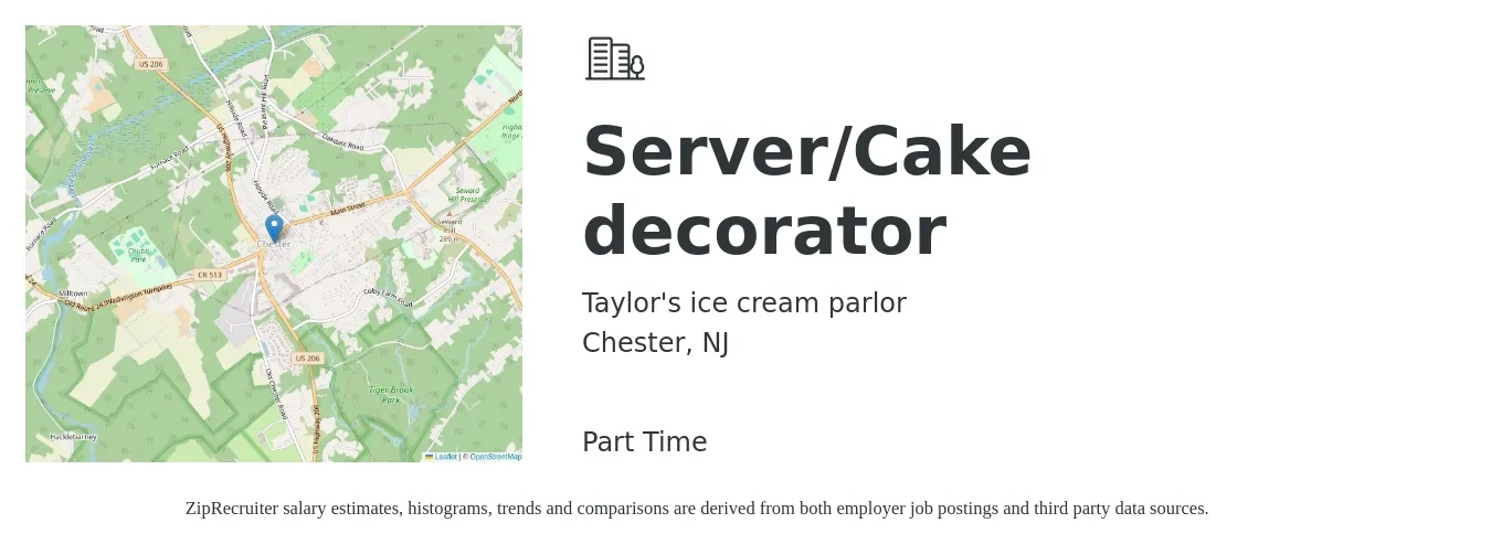 Taylor's ice cream parlor job posting for a Server/Cake decorator in Chester, NJ with a salary of $13 to $16 Hourly with a map of Chester location.