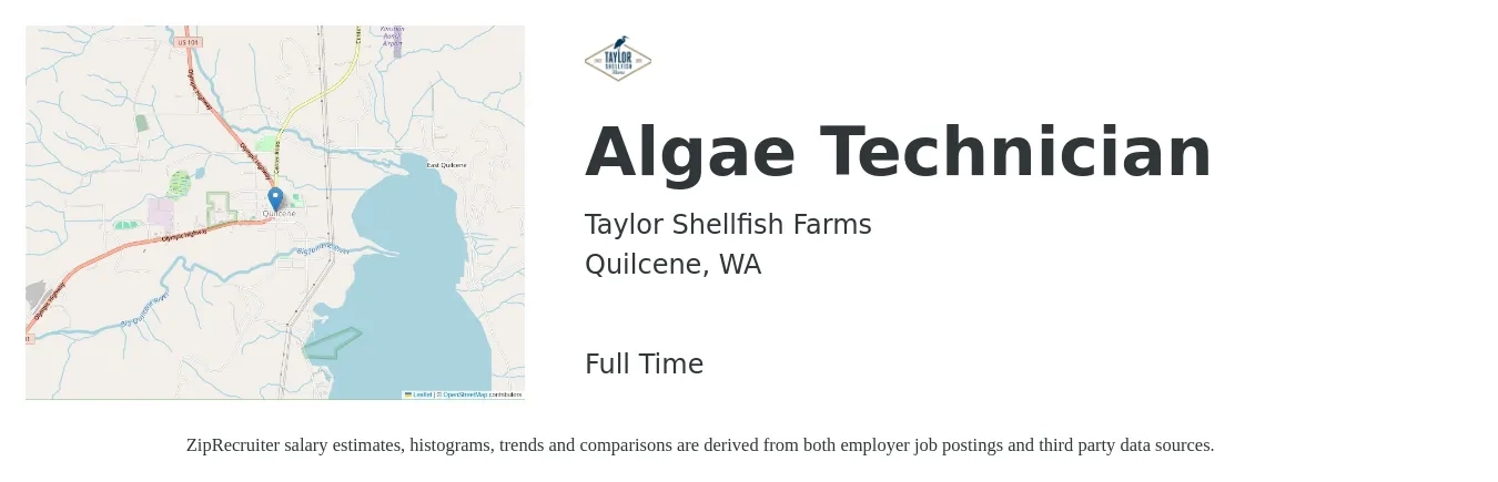 Taylor Shellfish Farms job posting for a Algae Technician in Quilcene, WA with a salary of $22 to $24 Hourly with a map of Quilcene location.