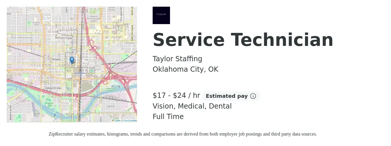 Taylor Staffing job posting for a Service Technician in Oklahoma City, OK with a salary of $18 to $25 Hourly and benefits including vision, dental, life_insurance, and medical with a map of Oklahoma City location.
