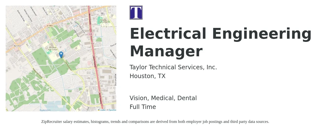 Taylor Technical Services, Inc. job posting for a Electrical Engineering Manager in Houston, TX with a salary of $117,000 to $150,400 Yearly and benefits including dental, life_insurance, medical, retirement, and vision with a map of Houston location.