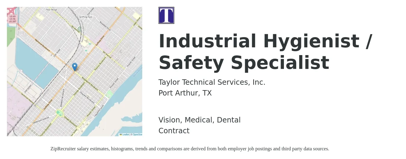Taylor Technical Services, Inc. job posting for a Industrial Hygienist / Safety Specialist in Port Arthur, TX with a salary of $39,800 to $80,000 Yearly and benefits including retirement, vision, dental, life_insurance, and medical with a map of Port Arthur location.
