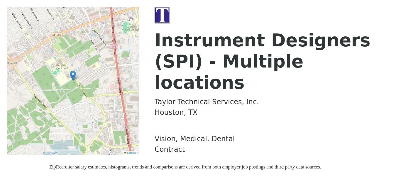 Taylor Technical Services, Inc. job posting for a Instrument Designers (SPI) - Multiple locations in Houston, TX with a salary of $44 to $62 Hourly and benefits including dental, life_insurance, medical, retirement, and vision with a map of Houston location.