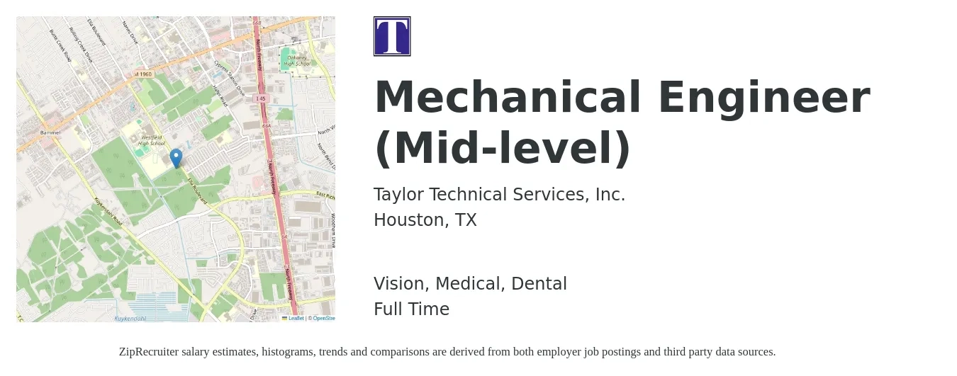 Taylor Technical Services, Inc. job posting for a Mechanical Engineer (Mid-level) in Houston, TX with a salary of $77,800 to $120,800 Yearly and benefits including retirement, vision, dental, life_insurance, and medical with a map of Houston location.