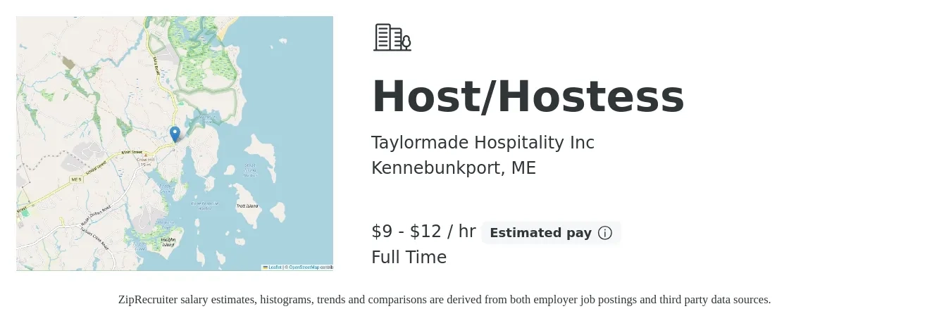 Taylormade Hospitality Inc job posting for a Host/Hostess in Kennebunkport, ME with a salary of $10 to $13 Hourly with a map of Kennebunkport location.
