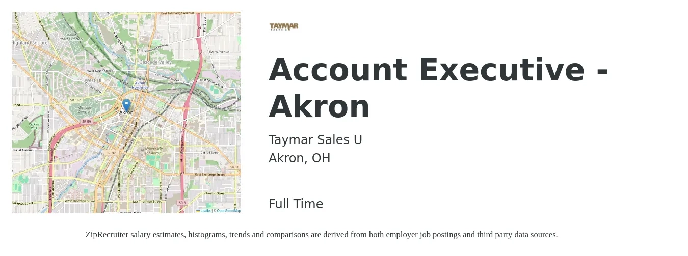 Taymar Sales U job posting for a Account Executive - Akron in Akron, OH with a salary of $51,700 to $90,900 Yearly with a map of Akron location.