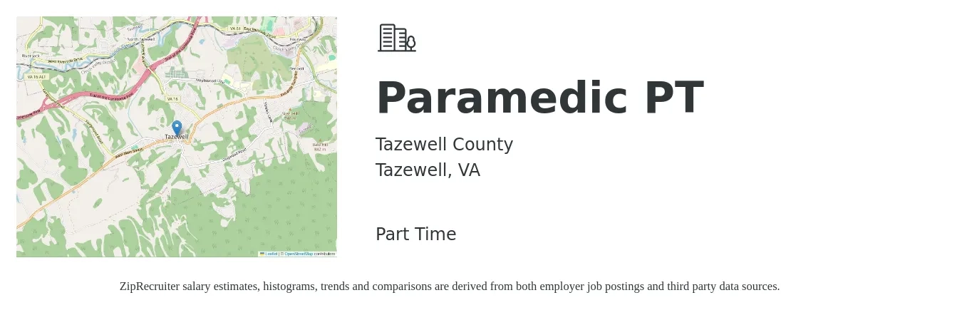 Tazewell County job posting for a Paramedic PT in Tazewell, VA with a salary of $20 to $28 Hourly with a map of Tazewell location.