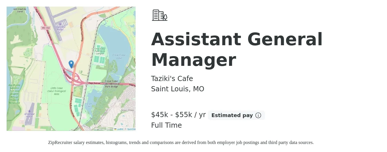 Taziki's Cafe job posting for a Assistant General Manager in Saint Louis, MO with a salary of $45,000 to $55,000 Yearly with a map of Saint Louis location.