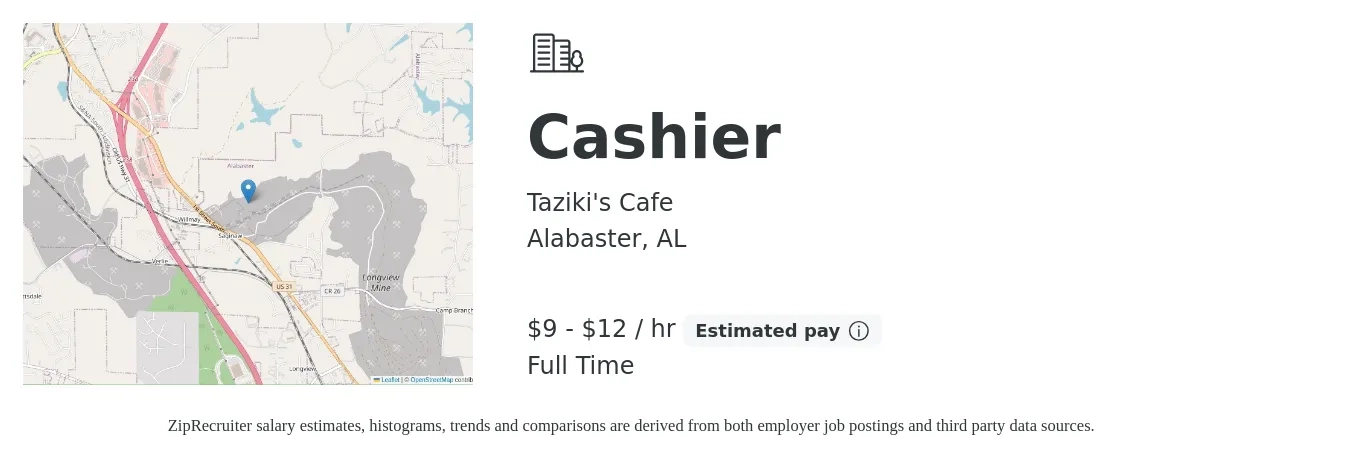 Taziki's Cafe job posting for a Cashier in Alabaster, AL with a salary of $10 to $13 Hourly with a map of Alabaster location.