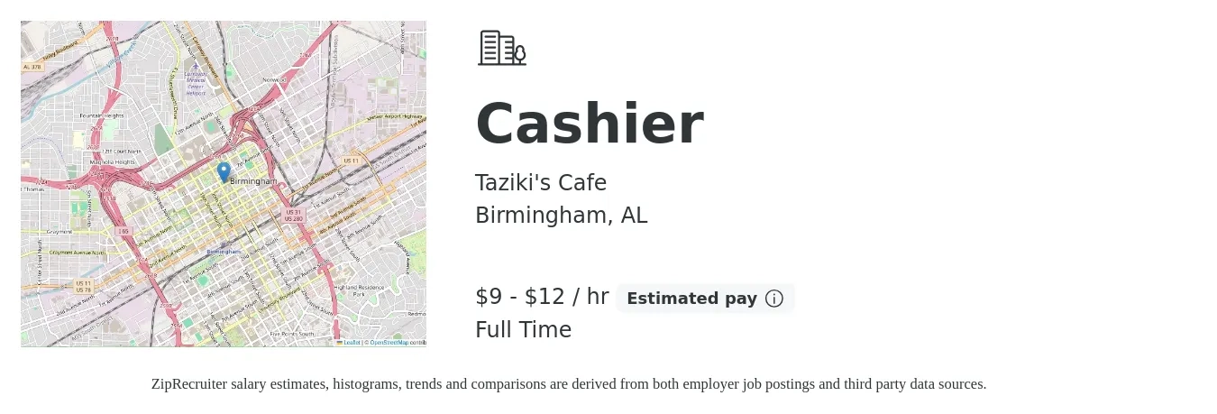 Taziki's Cafe job posting for a Cashier in Birmingham, AL with a salary of $13 to $16 Hourly with a map of Birmingham location.