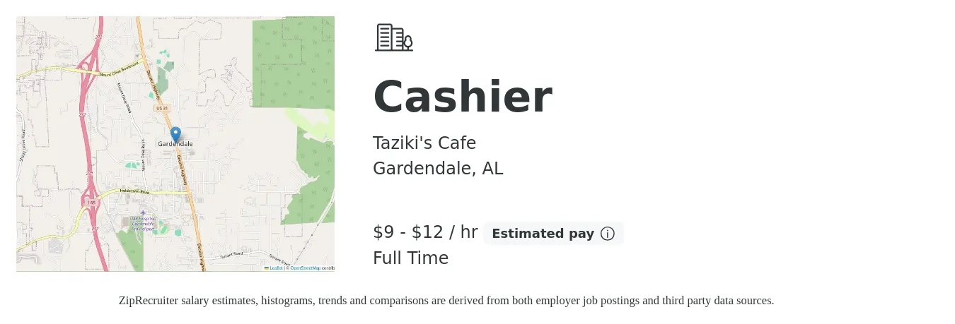 Taziki's Cafe job posting for a Cashier in Gardendale, AL with a salary of $10 to $13 Hourly with a map of Gardendale location.