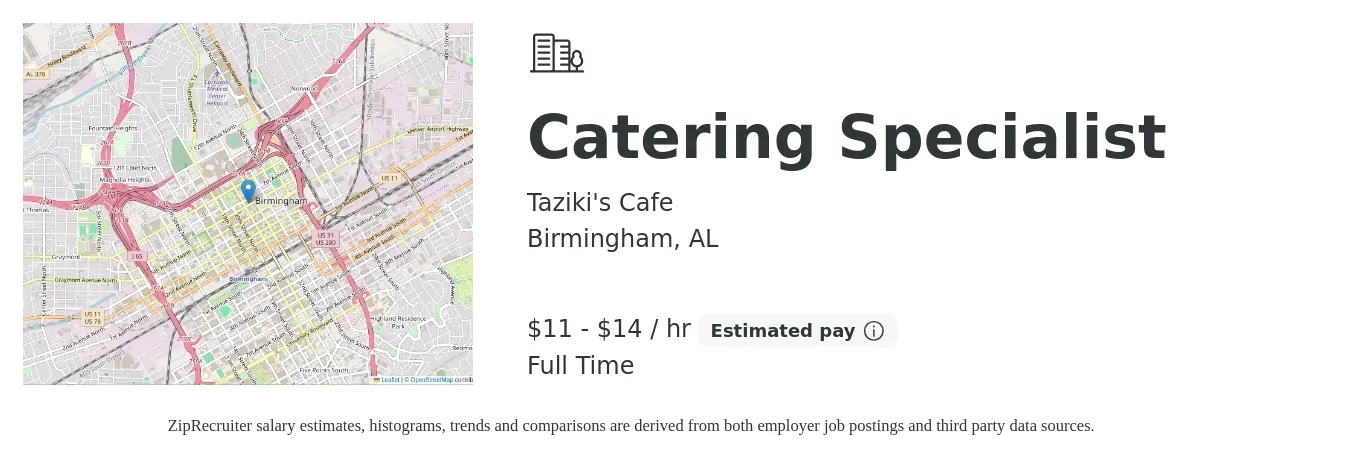 Taziki's Cafe job posting for a Catering Specialist in Birmingham, AL with a salary of $12 to $15 Hourly with a map of Birmingham location.