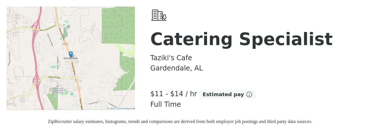 Taziki's Cafe job posting for a Catering Specialist in Gardendale, AL with a salary of $12 to $15 Hourly with a map of Gardendale location.