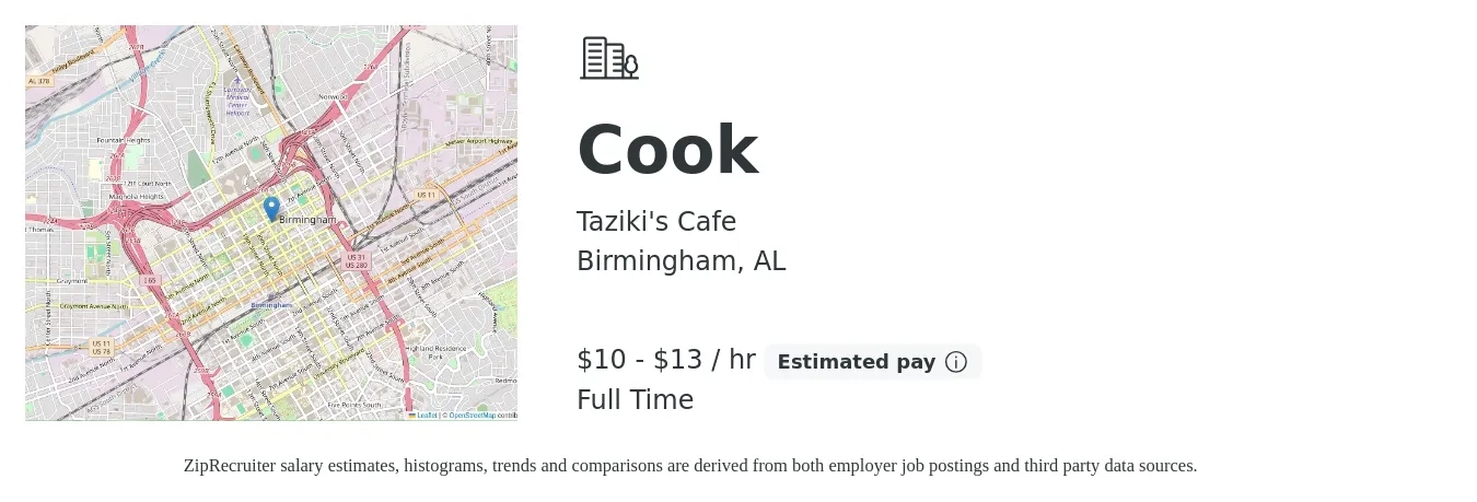 Taziki's Cafe job posting for a Cook in Birmingham, AL with a salary of $14 to $17 Hourly with a map of Birmingham location.
