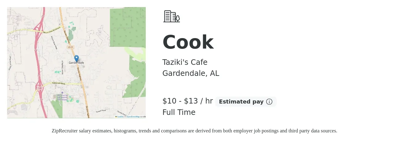 Taziki's Cafe job posting for a Cook in Gardendale, AL with a salary of $11 to $14 Hourly with a map of Gardendale location.