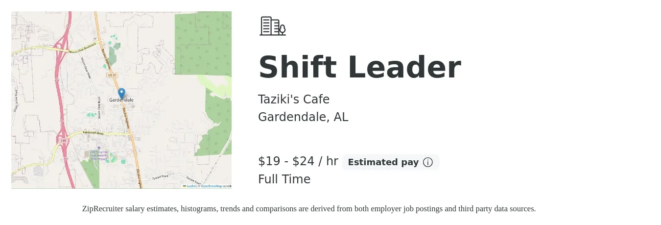 Taziki's Cafe job posting for a Shift Leader in Gardendale, AL with a salary of $20 to $25 Hourly with a map of Gardendale location.