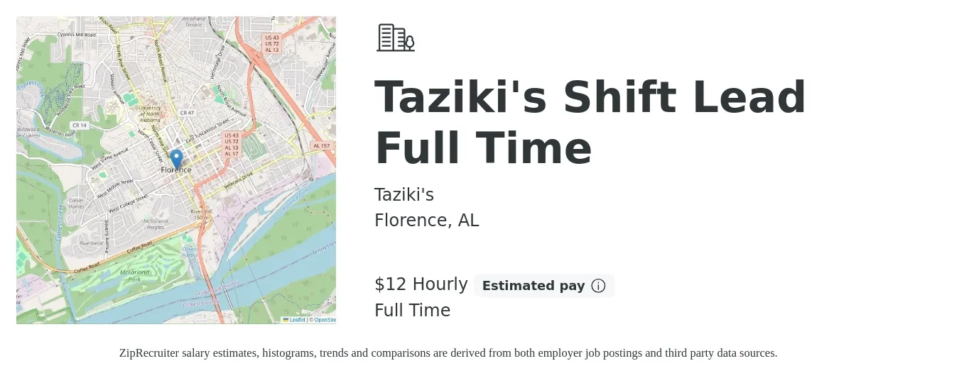 Taziki's job posting for a Taziki's Shift Lead Full Time in Florence, AL with a salary of $13 to $14 Hourly with a map of Florence location.