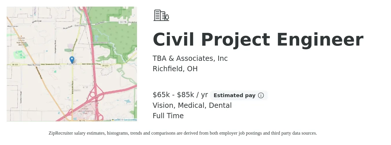 TBA & Associates, Inc job posting for a Civil Project Engineer in Richfield, OH with a salary of $65,000 to $85,000 Yearly and benefits including medical, retirement, vision, dental, and life_insurance with a map of Richfield location.