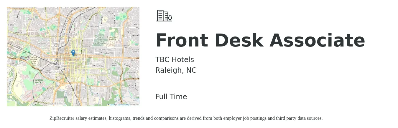 TBC Hotels job posting for a Front Desk Associate in Raleigh, NC with a salary of $12 to $16 Hourly with a map of Raleigh location.