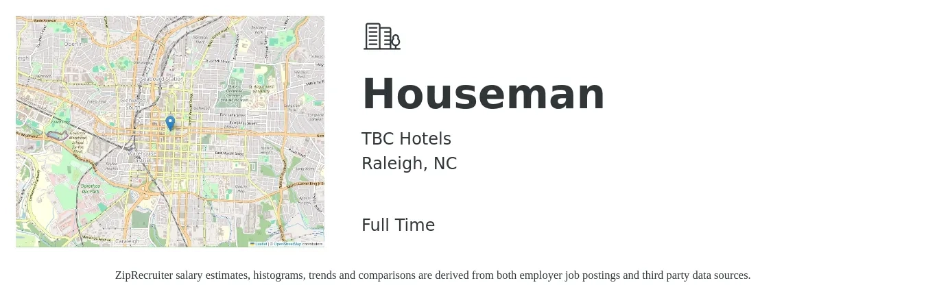 TBC Hotels job posting for a Houseman in Raleigh, NC with a salary of $12 to $15 Hourly with a map of Raleigh location.