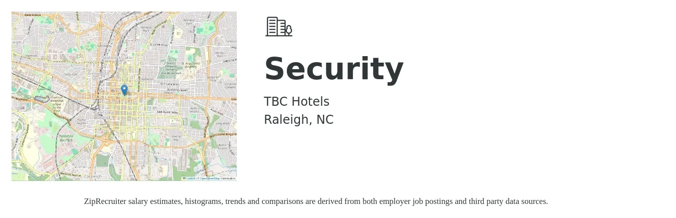 TBC Hotels job posting for a Security in Raleigh, NC with a salary of $16 to $20 Hourly with a map of Raleigh location.