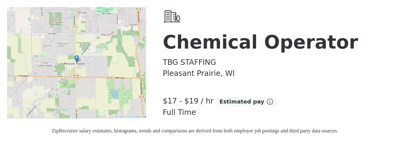 TBG STAFFING job posting for a Chemical Operator in Pleasant Prairie, WI with a salary of $18 to $20 Hourly with a map of Pleasant Prairie location.
