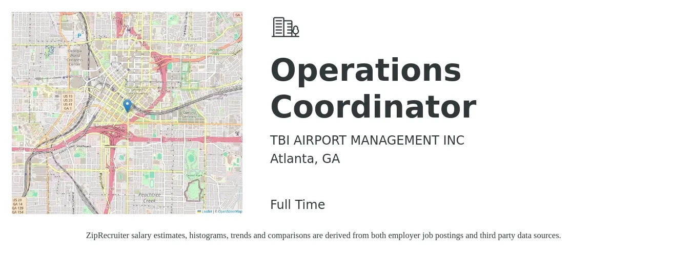 TBI AIRPORT MANAGEMENT INC job posting for a Operations Coordinator in Atlanta, GA with a salary of $20 to $28 Hourly with a map of Atlanta location.