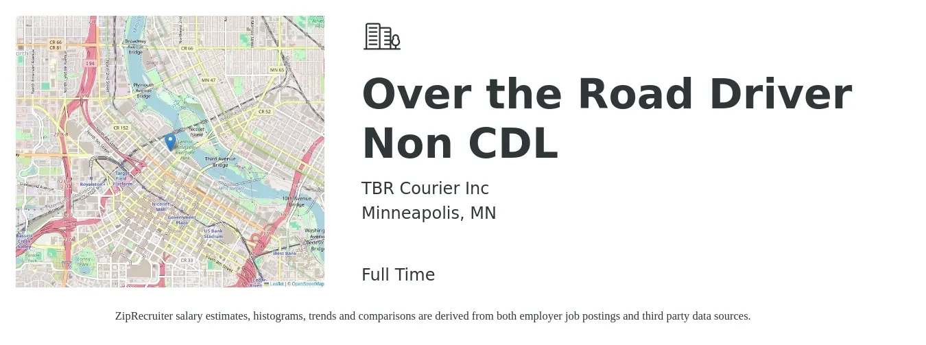 TBR Courier Inc job posting for a Over the Road Driver Non CDL in Minneapolis, MN with a salary of $1,000 to $1,500 Weekly with a map of Minneapolis location.