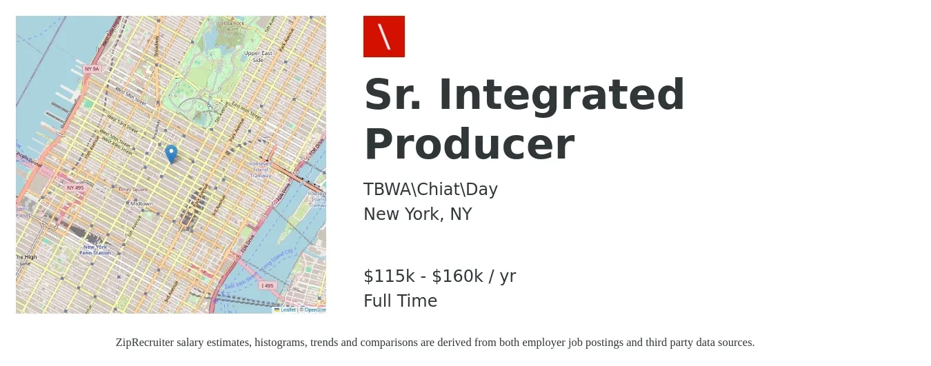 TBWA\Chiat\Day job posting for a Sr. Integrated Producer in New York, NY with a salary of $115,000 to $160,000 Yearly with a map of New York location.